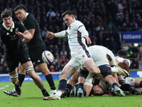 From left to right, Scott Barrett of New Zealand and Ben Spencer of England (Bath Rugby) are in action during the Autumn Nations Series Inte...