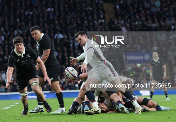 From left to right, Scott Barrett of New Zealand and Ben Spencer of England (Bath Rugby) are in action during the Autumn Nations Series Inte...