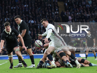 From left to right, Scott Barrett of New Zealand and Ben Spencer of England (Bath Rugby) are in action during the Autumn Nations Series Inte...