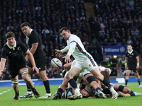 From left to right, Scott Barrett of New Zealand and Ben Spencer of England (Bath Rugby) are in action during the Autumn Nations Series Inte...