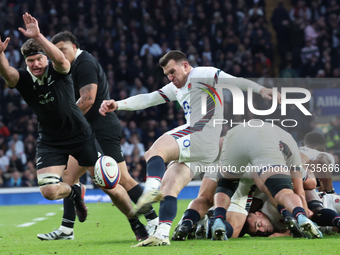 From left to right, Scott Barrett of New Zealand and Ben Spencer of England (Bath Rugby) are in action during the Autumn Nations Series Inte...