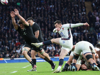 From left to right, Scott Barrett of New Zealand and Ben Spencer of England (Bath Rugby) are in action during the Autumn Nations Series Inte...