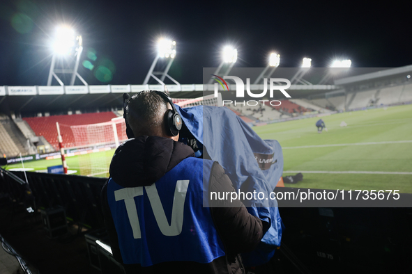 TV camera operator ahead of Puszcza Niepolomice - Lech Poznan match of the Ekstraklasa Polish Football League, at Cracovia Stadium in Krakow...