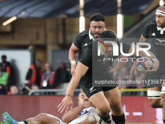 Caleb Clarke of New Zealand is in action during the Autumn Nations Series International Rugby match between England and New Zealand at Allia...