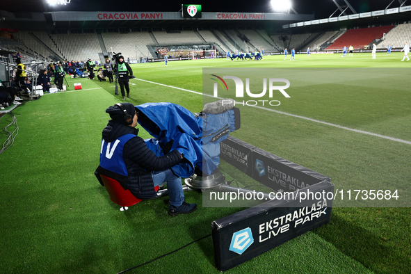 TV camera operator ahead of Puszcza Niepolomice - Lech Poznan match of the Ekstraklasa Polish Football League, at Cracovia Stadium in Krakow...