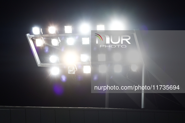 Stadium floodlights during Puszcza Niepolomice - Lech Poznan match of the Ekstraklasa Polish Football League, at Cracovia Stadium in Krakow,...