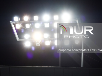 Stadium floodlights during Puszcza Niepolomice - Lech Poznan match of the Ekstraklasa Polish Football League, at Cracovia Stadium in Krakow,...