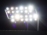 Stadium floodlights during Puszcza Niepolomice - Lech Poznan match of the Ekstraklasa Polish Football League, at Cracovia Stadium in Krakow,...