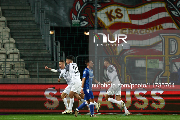 Dawid Szymonowicz of Puszcza Niepolomice celebrates the goal during Puszcza Niepolomice - Lech Poznan match of the Ekstraklasa Polish Footba...