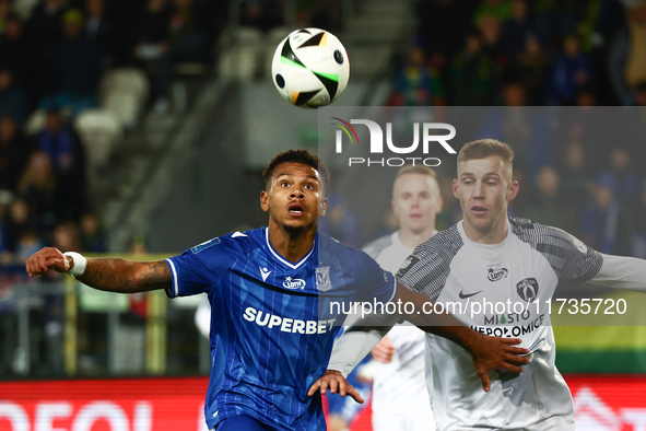 Bryan Fiabema of Lech Poznan and Dawid Abramowicz of Puszcza Niepolomice during Puszcza Niepolomice - Lech Poznan match of the Ekstraklasa P...