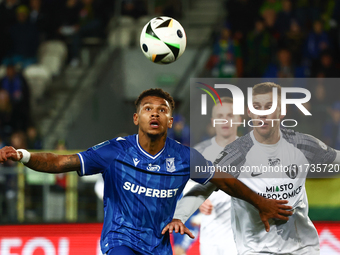 Bryan Fiabema of Lech Poznan and Dawid Abramowicz of Puszcza Niepolomice during Puszcza Niepolomice - Lech Poznan match of the Ekstraklasa P...