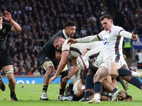 From left to right, Scott Barrett of New Zealand and Ben Spencer of England (Bath Rugby) are in action during the Autumn Nations Series Inte...