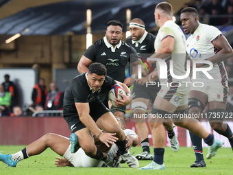 Caleb Clarke of New Zealand is in action during the Autumn Nations Series International Rugby match between England and New Zealand at Allia...