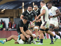 Caleb Clarke of New Zealand is in action during the Autumn Nations Series International Rugby match between England and New Zealand at Allia...