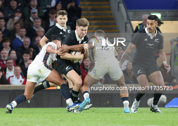 Jordie Barrett of New Zealand is in action during the Autumn Nations Series International Rugby match between England and New Zealand at All...