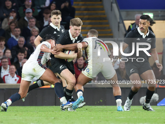 Jordie Barrett of New Zealand is in action during the Autumn Nations Series International Rugby match between England and New Zealand at All...