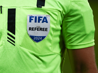 FIFA referee emblem is seen on a referee jersey during Puszcza Niepolomice - Lech Poznan match of the Ekstraklasa Polish Football League, at...