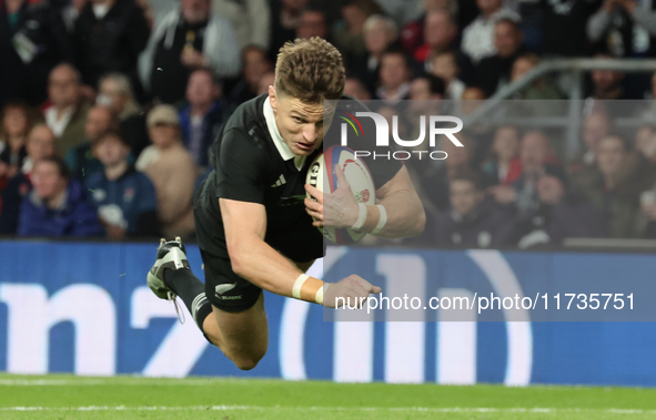 Beauden Barrett of New Zealand scores a try that the referee disallows during the Autumn Nations Series International Rugby match between En...