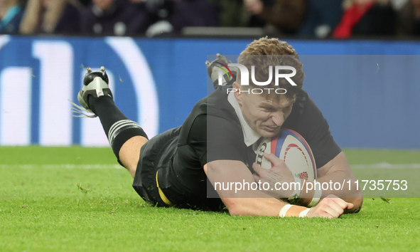 Beauden Barrett of New Zealand scores a try that the referee disallows during the Autumn Nations Series International Rugby match between En...