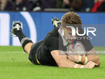 Beauden Barrett of New Zealand scores a try that the referee disallows during the Autumn Nations Series International Rugby match between En...