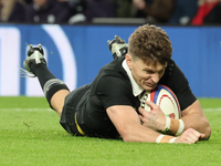 Beauden Barrett of New Zealand scores a try that the referee disallows during the Autumn Nations Series International Rugby match between En...