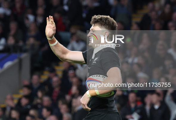 Beauden Barrett of New Zealand celebrates his try, which the referee disallows during the Autumn Nations Series International Rugby match be...