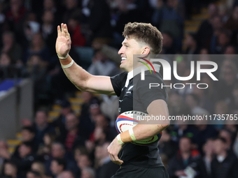 Beauden Barrett of New Zealand celebrates his try, which the referee disallows during the Autumn Nations Series International Rugby match be...