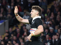 Beauden Barrett of New Zealand celebrates his try, which the referee disallows during the Autumn Nations Series International Rugby match be...