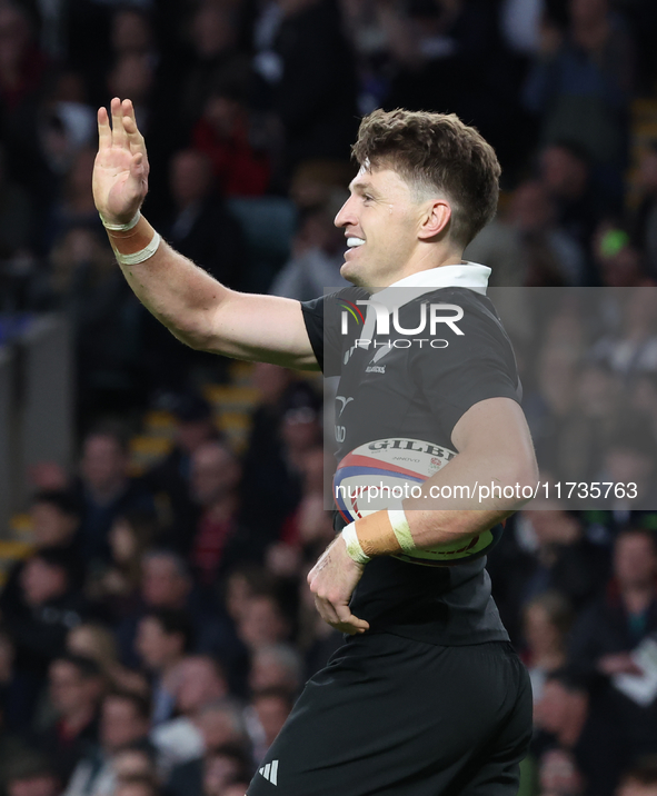 Beauden Barrett of New Zealand celebrates his try, which the referee disallows during the Autumn Nations Series International Rugby match be...