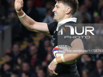 Beauden Barrett of New Zealand celebrates his try, which the referee disallows during the Autumn Nations Series International Rugby match be...