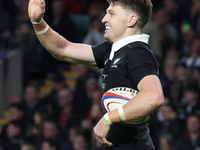 Beauden Barrett of New Zealand celebrates his try, which the referee disallows during the Autumn Nations Series International Rugby match be...