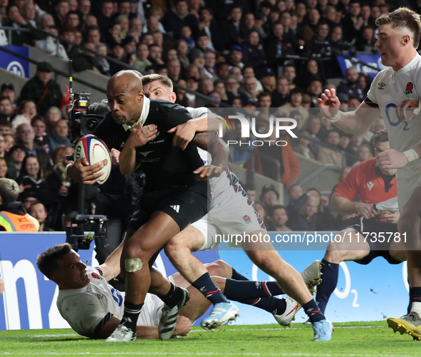 Mark Tele'a of New Zealand is in action during the Autumn Nations Series International Rugby match between England and New Zealand at Allian...