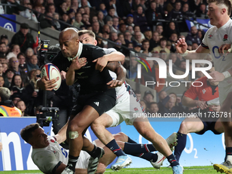 Mark Tele'a of New Zealand is in action during the Autumn Nations Series International Rugby match between England and New Zealand at Allian...