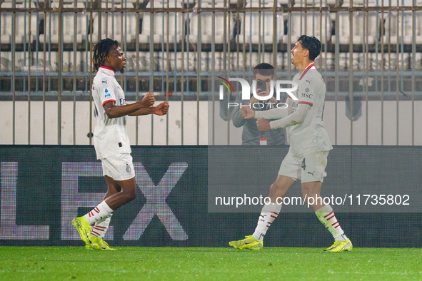 Tijjani Reijnders celebrates a goal during the AC Monza vs AC Milan Serie A match at U-Power Stadium in Monza, Italy, on November 2, 2024. 