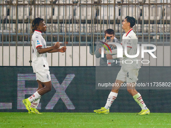 Tijjani Reijnders celebrates a goal during the AC Monza vs AC Milan Serie A match at U-Power Stadium in Monza, Italy, on November 2, 2024. (