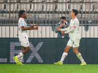 Tijjani Reijnders celebrates a goal during the AC Monza vs AC Milan Serie A match at U-Power Stadium in Monza, Italy, on November 2, 2024. (