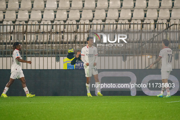 Tijjani Reijnders celebrates a goal during the AC Monza vs AC Milan Serie A match at U-Power Stadium in Monza, Italy, on November 2, 2024. 