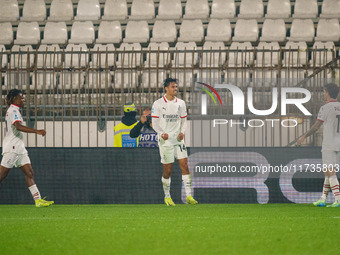 Tijjani Reijnders celebrates a goal during the AC Monza vs AC Milan Serie A match at U-Power Stadium in Monza, Italy, on November 2, 2024. (