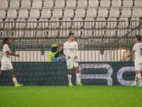 Tijjani Reijnders celebrates a goal during the AC Monza vs AC Milan Serie A match at U-Power Stadium in Monza, Italy, on November 2, 2024. (