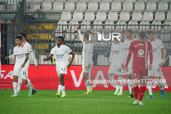 Tijjani Reijnders celebrates a goal during the AC Monza vs AC Milan Serie A match at U-Power Stadium in Monza, Italy, on November 2, 2024. 