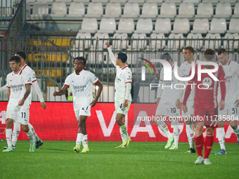 Tijjani Reijnders celebrates a goal during the AC Monza vs AC Milan Serie A match at U-Power Stadium in Monza, Italy, on November 2, 2024. (