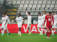 Tijjani Reijnders celebrates a goal during the AC Monza vs AC Milan Serie A match at U-Power Stadium in Monza, Italy, on November 2, 2024. (