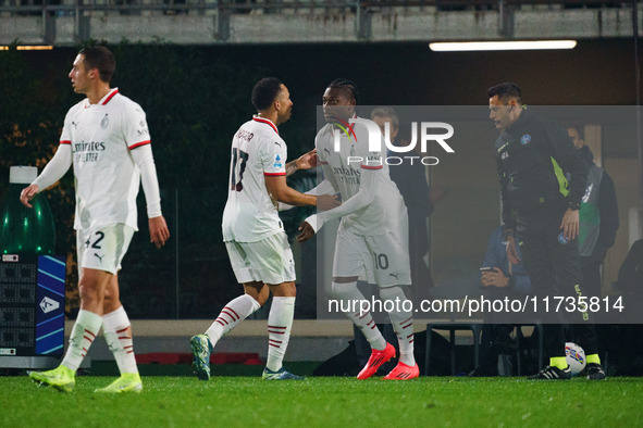 Rafael Leao plays during the AC Monza vs AC Milan Serie A match at U-Power Stadium in Monza, Italy, on November 2, 2024. 