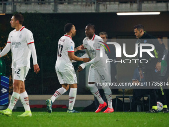 Rafael Leao plays during the AC Monza vs AC Milan Serie A match at U-Power Stadium in Monza, Italy, on November 2, 2024. (