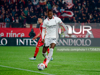 Rafael Leao plays during the AC Monza vs AC Milan Serie A match at U-Power Stadium in Monza, Italy, on November 2, 2024. (