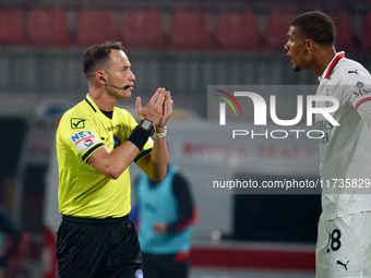 Ermanno Feliciani serves as the referee during the AC Monza vs AC Milan Serie A match at U-Power Stadium in Monza, Italy, on November 2, 202...