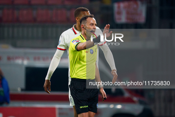 Ermanno Feliciani serves as the referee during the AC Monza vs AC Milan Serie A match at U-Power Stadium in Monza, Italy, on November 2, 202...