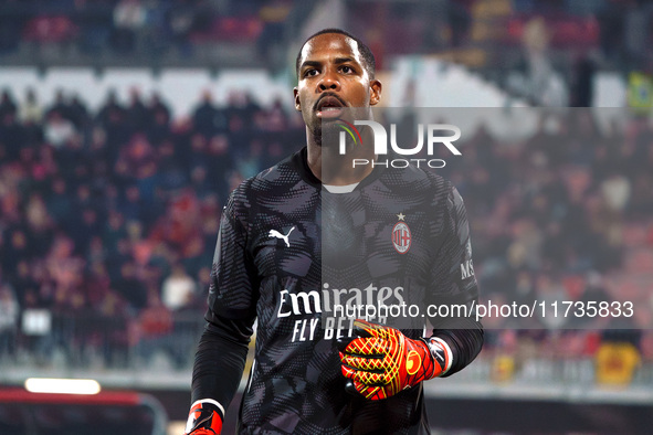 Mike Maignan participates in the match between AC Monza and AC Milan, Serie A, at U-Power Stadium in Monza, Italy, on November 2, 2024. 