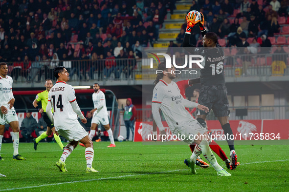 Mike Maignan participates in the match between AC Monza and AC Milan, Serie A, at U-Power Stadium in Monza, Italy, on November 2, 2024. 