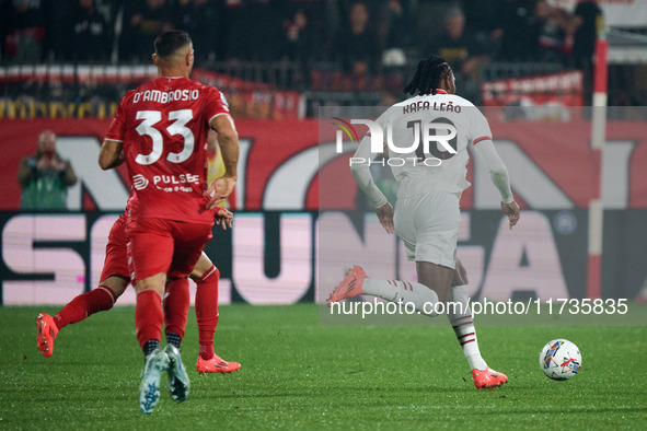 Rafael Leao plays during the AC Monza vs AC Milan Serie A match at U-Power Stadium in Monza, Italy, on November 2, 2024. 